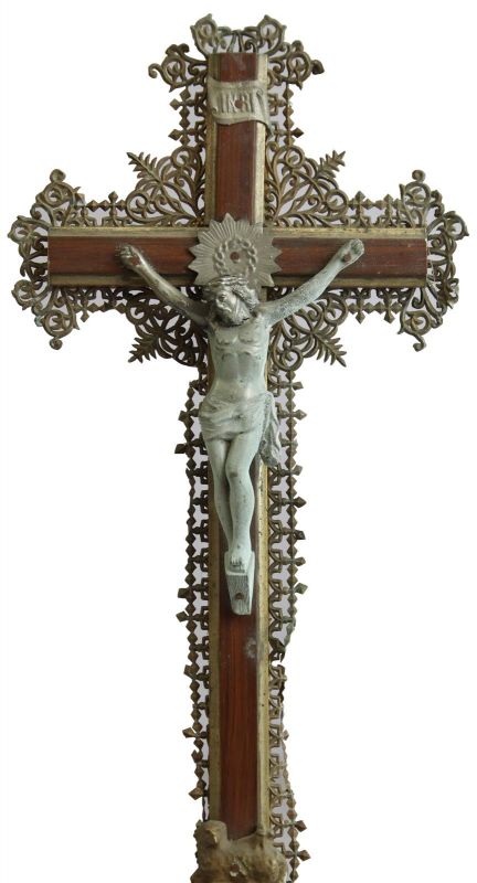 Antique Crucifix Cross Religious Angels Lamb Jesus Wood Metal Hiroshi Brass