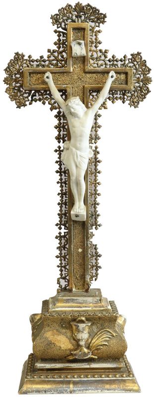 Antique Crucifix Cross Religious Jesus Christ Gold Black Wood Metal Bisque
