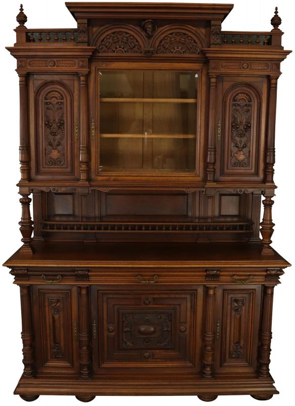 Buffet Renaissance Antique French Walnut Wood Carved Courtier Head Glass Door