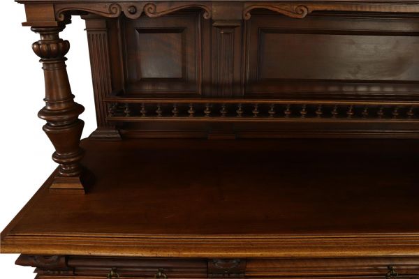 Buffet Renaissance Antique French Walnut Wood Carved Courtier Head Glass Door