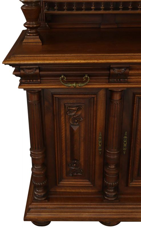 Buffet Renaissance Antique French Walnut Wood Carved Courtier Head Glass Door