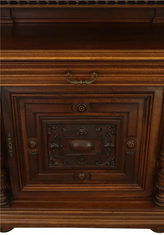 Buffet Renaissance Antique French Walnut Wood Carved Courtier Head Glass Door