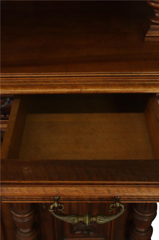 Buffet Renaissance Antique French Walnut Wood Carved Courtier Head Glass Door