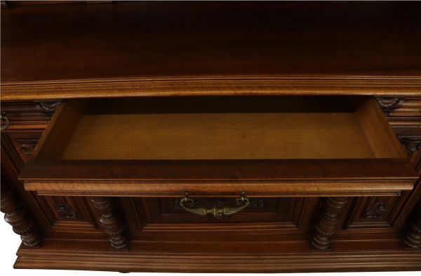 Buffet Renaissance Antique French Walnut Wood Carved Courtier Head Glass Door