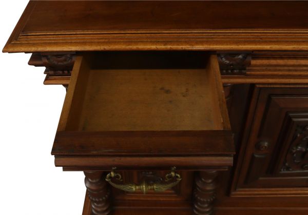 Buffet Renaissance Antique French Walnut Wood Carved Courtier Head Glass Door