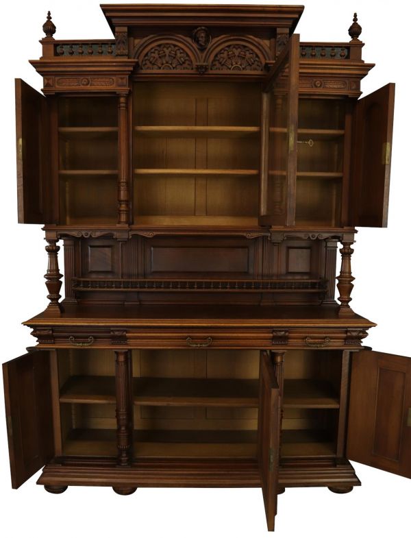 Buffet Renaissance Antique French Walnut Wood Carved Courtier Head Glass Door