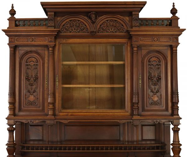 Buffet Renaissance Antique French Walnut Wood Carved Courtier Head Glass Door