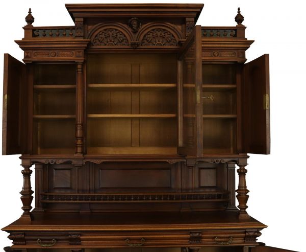 Buffet Renaissance Antique French Walnut Wood Carved Courtier Head Glass Door