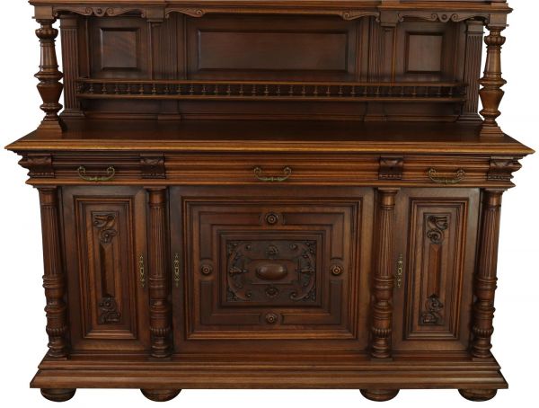 Buffet Renaissance Antique French Walnut Wood Carved Courtier Head Glass Door