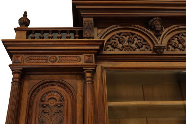 Buffet Renaissance Antique French Walnut Wood Carved Courtier Head Glass Door