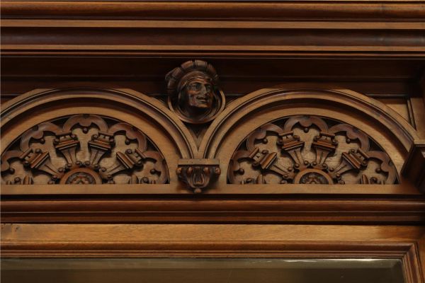 Buffet Renaissance Antique French Walnut Wood Carved Courtier Head Glass Door