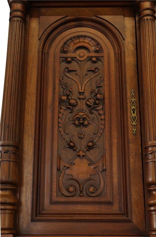 Buffet Renaissance Antique French Walnut Wood Carved Courtier Head Glass Door