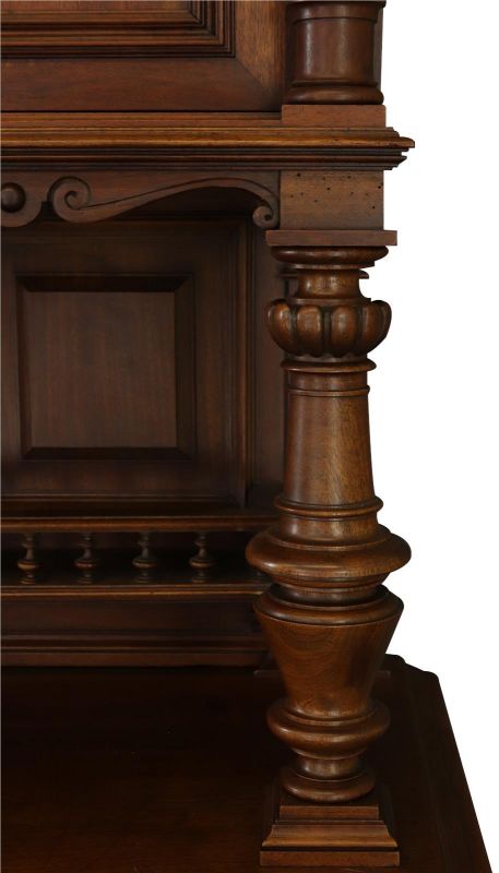 Buffet Renaissance Antique French Walnut Wood Carved Courtier Head Glass Door
