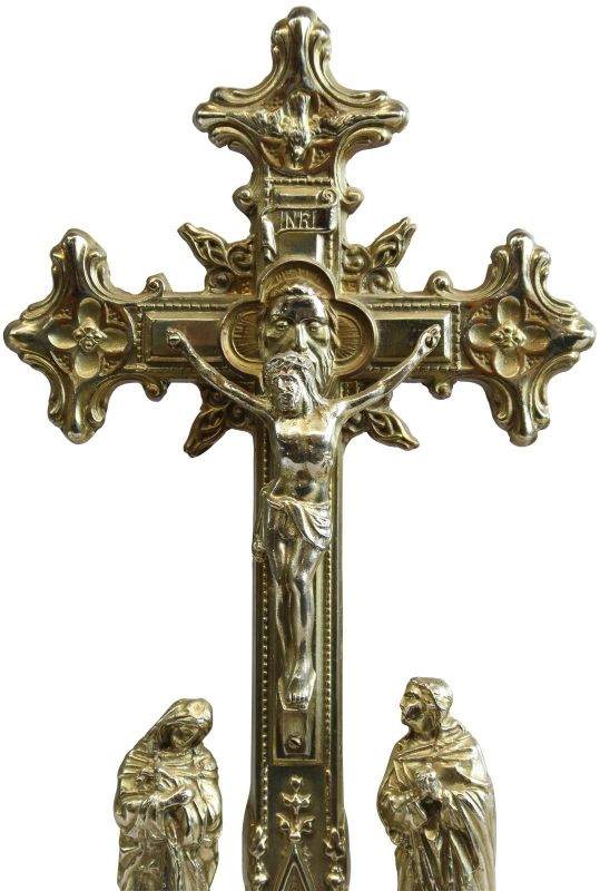 Antique Crucifix Cross Religious Sacred Heart Immaculate Mary and John Bronze
