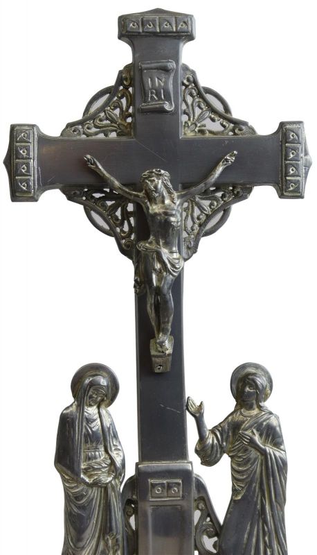 Antique Crucifix Cross Religious Art Deco Styling Mary and John Ebony Black