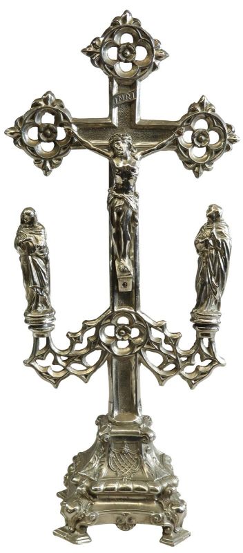 Antique Crucifix Cross Religious Gothic Styling Mary and John Bronze Gold Metal