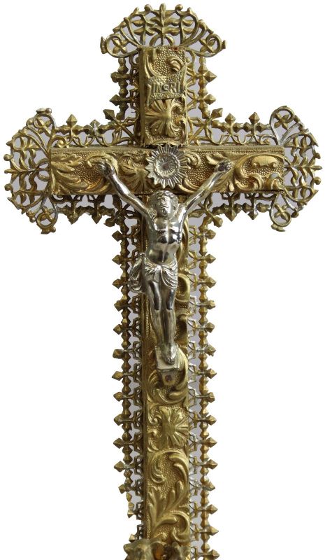 Antique Crucifix Cross Religious Lamb Rococo Styling Gold Metal Wood Chalkware