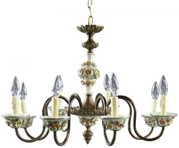 Chandelier Capodimonte 1950 Vintage, 8-Arm, 8-Light Pretty Floral Ceramic, Metal