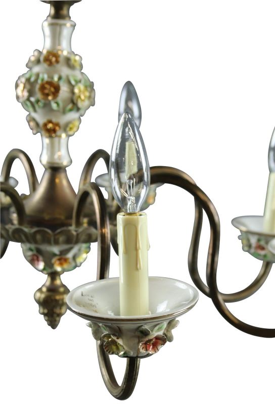 Chandelier Capodimonte 1950 Vintage, 8-Arm, 8-Light Pretty Floral Ceramic, Metal