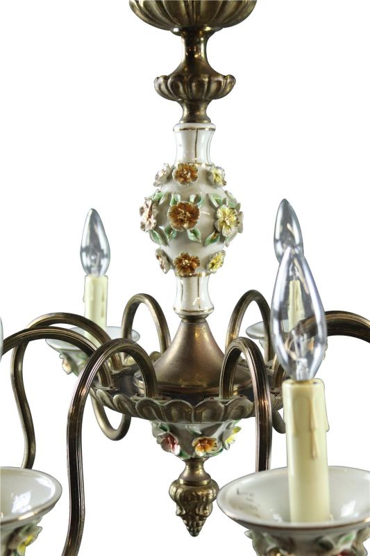 Chandelier Capodimonte 1950 Vintage, 8-Arm, 8-Light Pretty Floral Ceramic, Metal