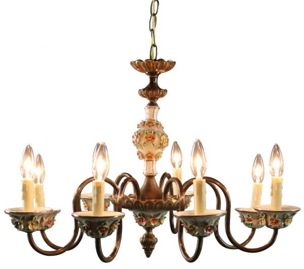 Chandelier Capodimonte 1950 Vintage, 8-Arm, 8-Light Pretty Floral Ceramic, Metal