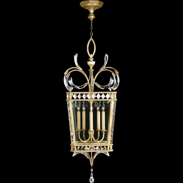 BEVELED ARCS Lantern Transitional 5-Light Muted Gold Leaf Black Crystal Metal