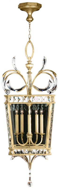 BEVELED ARCS Lantern Transitional 5-Light Muted Gold Leaf Black Crystal Metal