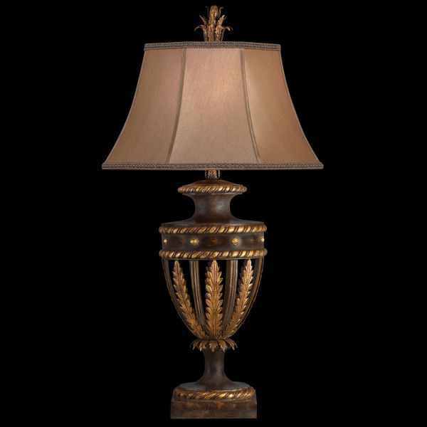 CASTILE Table Lamp 1-Light Antiqued Gold Leaf Hand-Sewn Silk Shade Iron Bronze