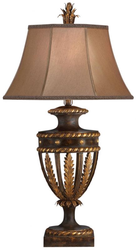 CASTILE Table Lamp 1-Light Antiqued Gold Leaf Hand-Sewn Silk Shade Iron Bronze