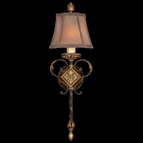 CASTILE Wall Sconce 1-Light Antiqued Gold Leaf Hand-Sewn Silk Shade Iron Bronze